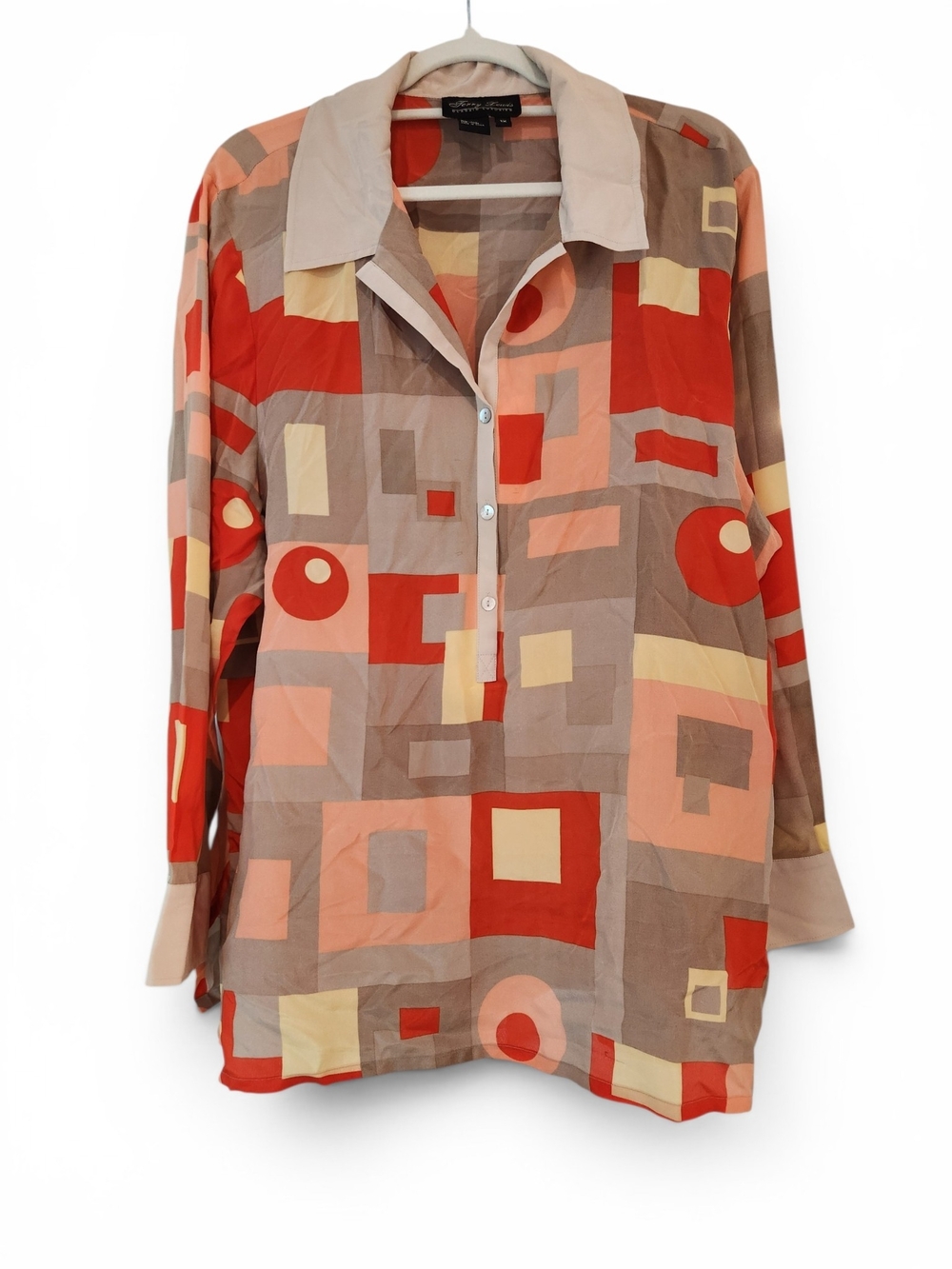 Terry Lewis Vintage 100% Silk  Geometric Shirt in Red, Peach & Cream Size 1X